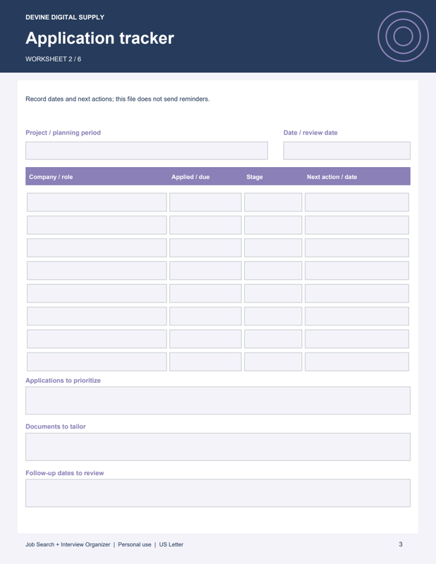 Job Search + Interview Organizer | Fillable PDF Kit worksheet preview 2