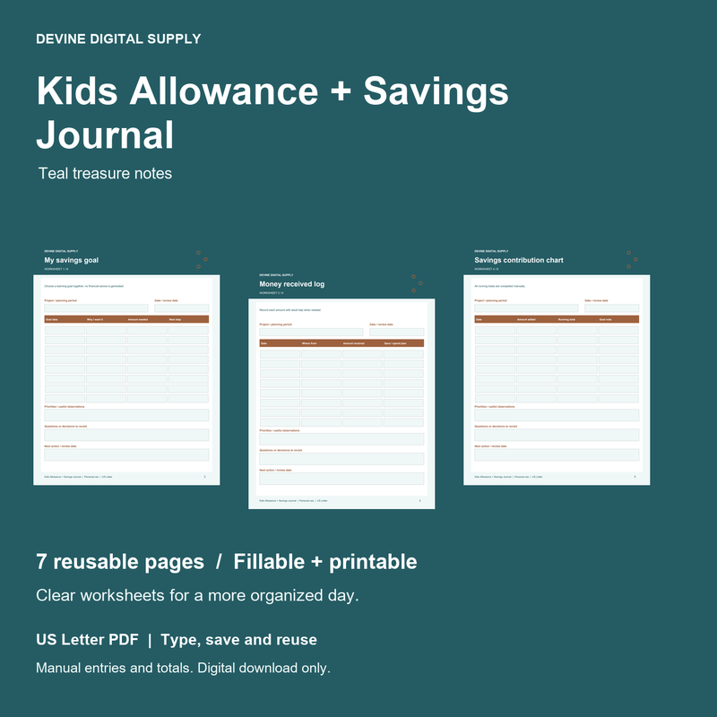 Kids Allowance + Savings Journal | Fillable PDF Kit cover with actual page previews