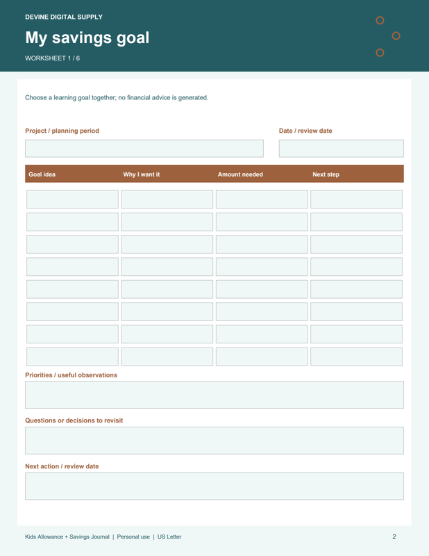 Kids Allowance + Savings Journal | Fillable PDF Kit worksheet preview 1
