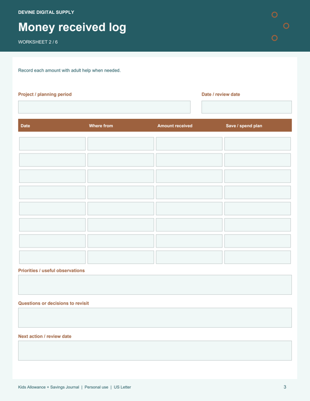 Kids Allowance + Savings Journal | Fillable PDF Kit worksheet preview 2