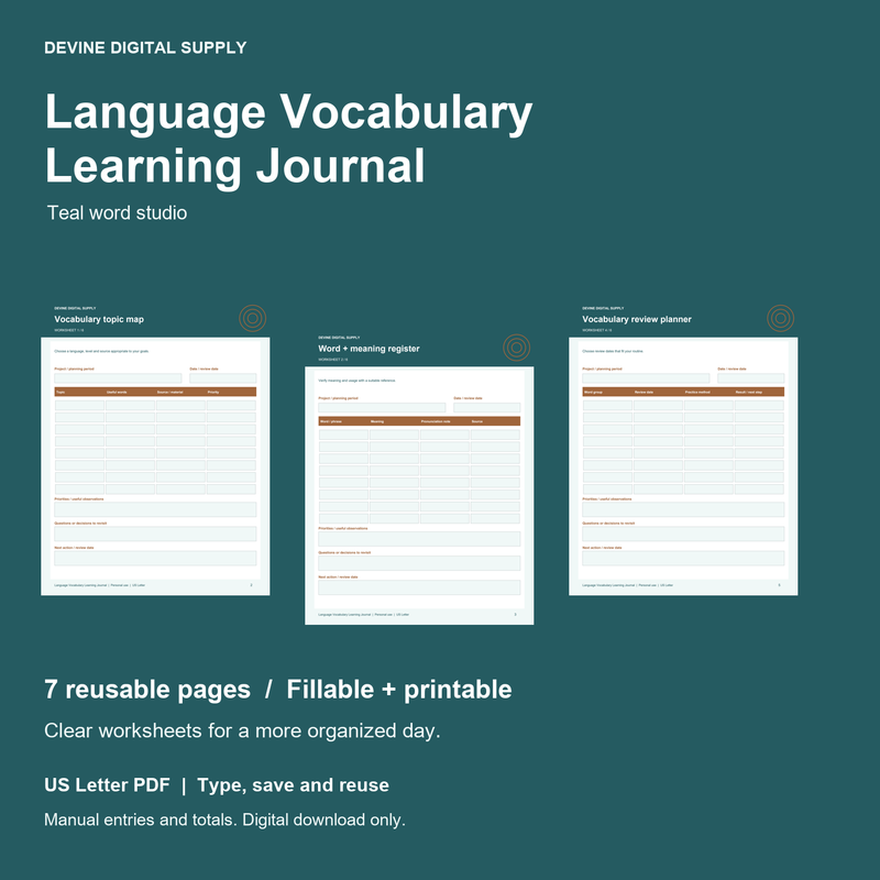 Language Vocabulary Learning Journal | Fillable PDF Kit cover with actual page previews