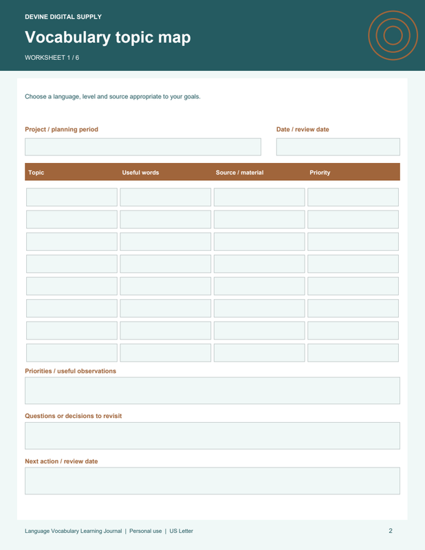 Language Vocabulary Learning Journal | Fillable PDF Kit worksheet preview 1