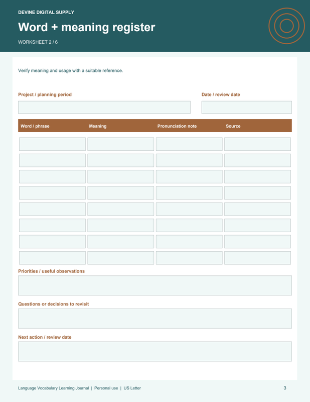 Language Vocabulary Learning Journal | Fillable PDF Kit worksheet preview 2