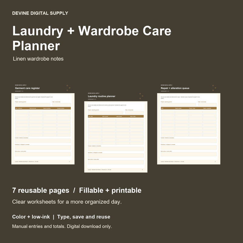 Laundry + Wardrobe Care Planner | Fillable PDF + Low-Ink Kit cover with actual page previews