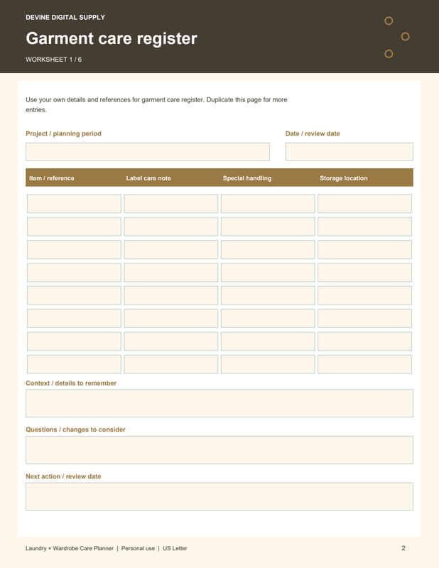 Laundry + Wardrobe Care Planner | Fillable PDF + Low-Ink Kit worksheet preview 1