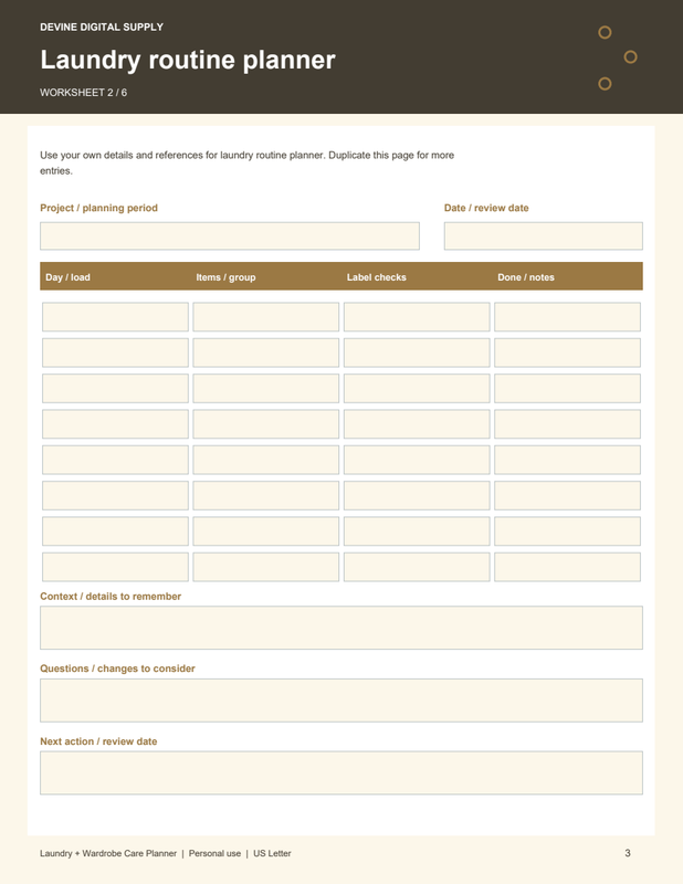 Laundry + Wardrobe Care Planner | Fillable PDF + Low-Ink Kit worksheet preview 2