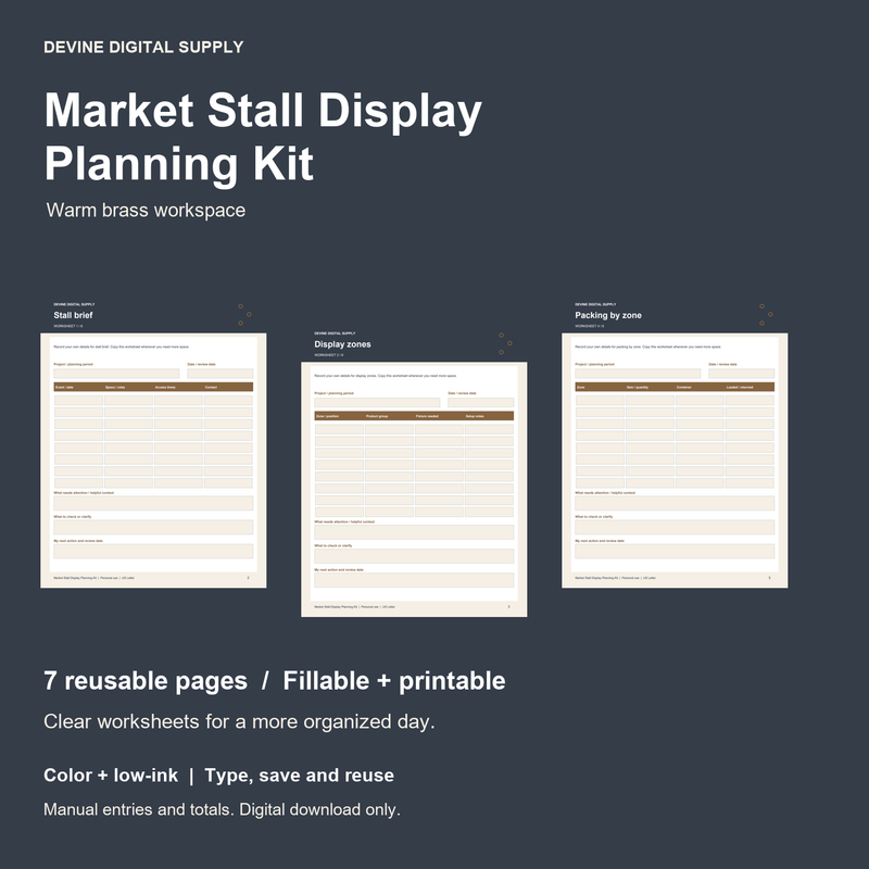 Market Stall Display Planning Kit | Fillable PDF + Low-Ink Kit cover with actual page previews