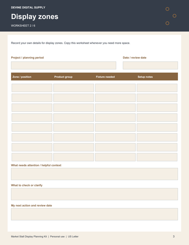 Market Stall Display Planning Kit | Fillable PDF + Low-Ink Kit worksheet preview 2