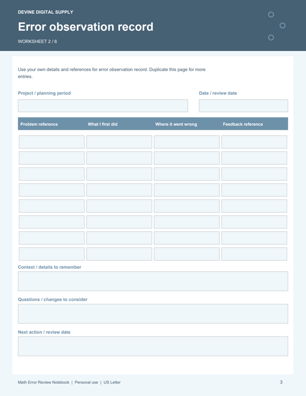 Math Error Review Notebook | Fillable PDF + Low-Ink Kit worksheet preview 2