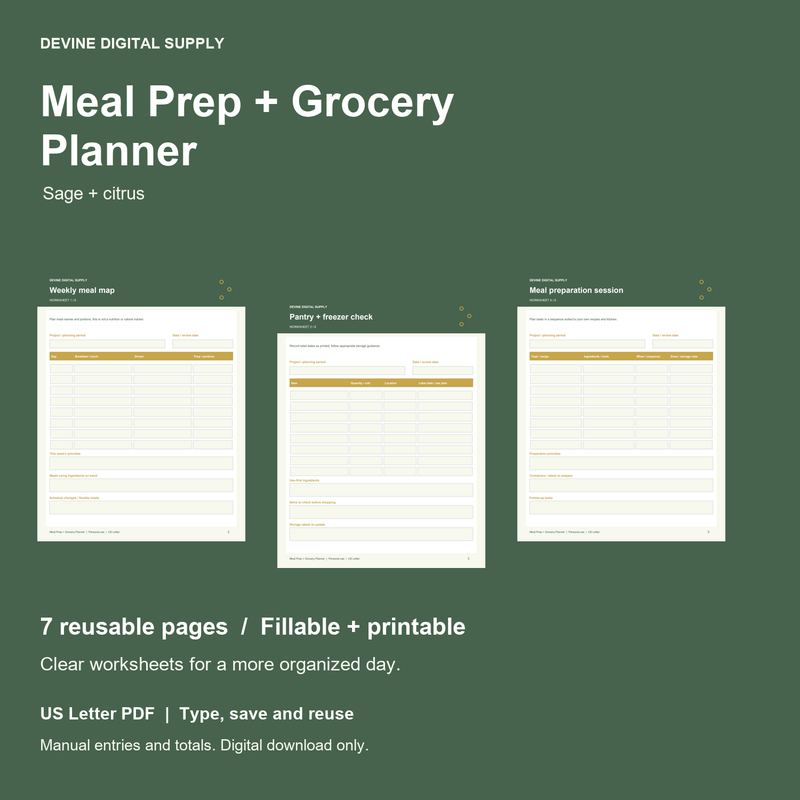 Meal Prep + Grocery Planner | Fillable PDF Kit cover with actual page previews