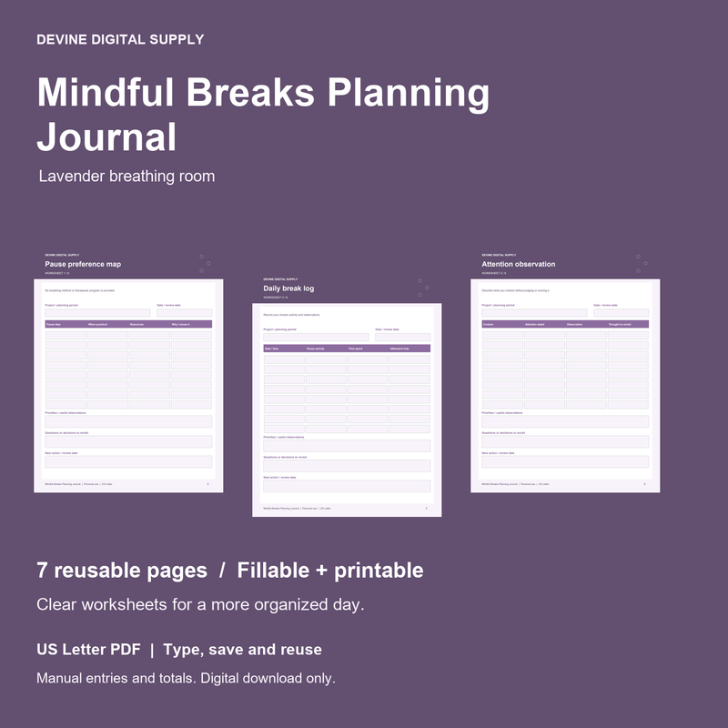 Mindful Breaks Planning Journal | Fillable PDF Kit cover with actual page previews