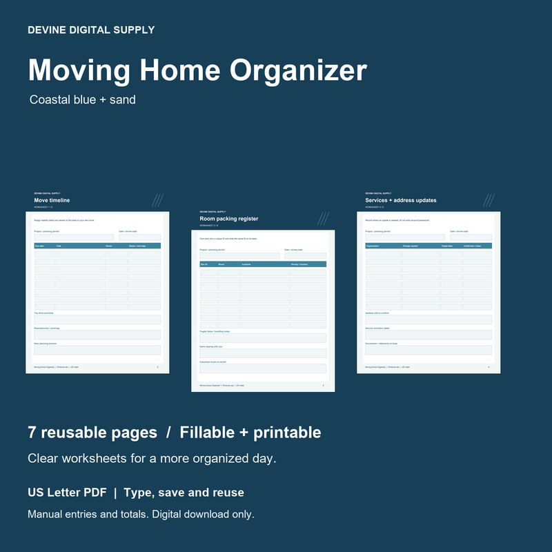 Moving Home Organizer | Fillable PDF Kit cover with actual page previews