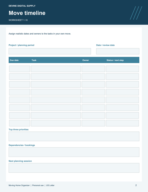 Moving Home Organizer | Fillable PDF Kit worksheet preview 1