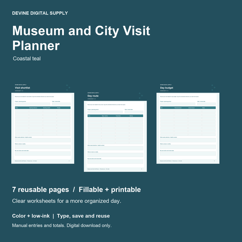 Museum and City Visit Planner | Fillable PDF + Low-Ink Kit cover with actual page previews