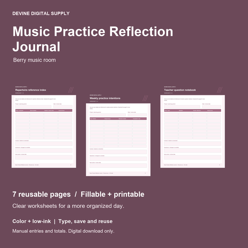 Music Practice Reflection Journal | Fillable PDF + Low-Ink Kit cover with actual page previews