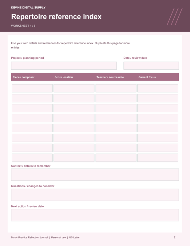 Music Practice Reflection Journal | Fillable PDF + Low-Ink Kit worksheet preview 1