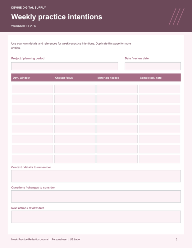 Music Practice Reflection Journal | Fillable PDF + Low-Ink Kit worksheet preview 2