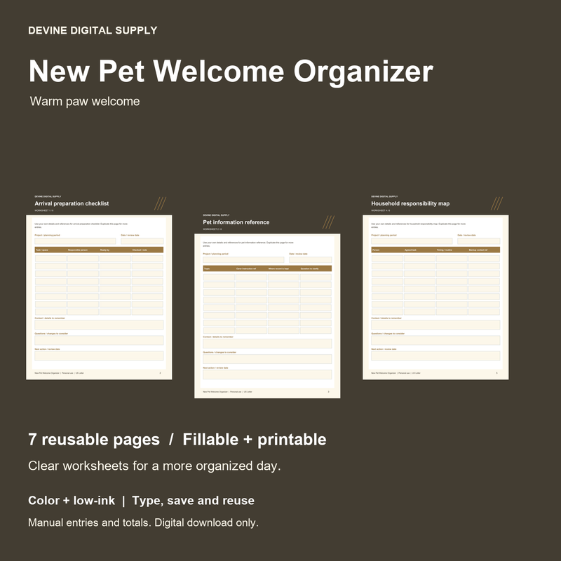New Pet Welcome Organizer | Fillable PDF + Low-Ink Kit cover with actual page previews