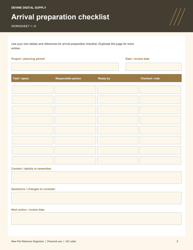 New Pet Welcome Organizer | Fillable PDF + Low-Ink Kit worksheet preview 1