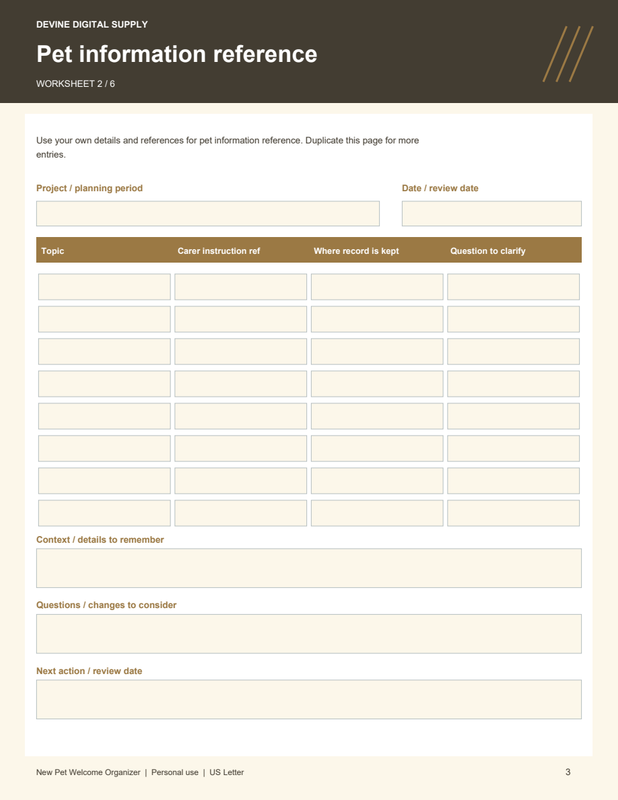 New Pet Welcome Organizer | Fillable PDF + Low-Ink Kit worksheet preview 2