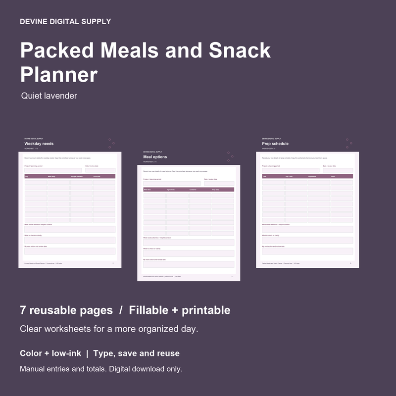Packed Meals and Snack Planner | Fillable PDF + Low-Ink Kit cover with actual page previews