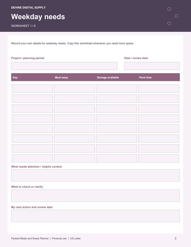 Packed Meals and Snack Planner | Fillable PDF + Low-Ink Kit worksheet preview 1