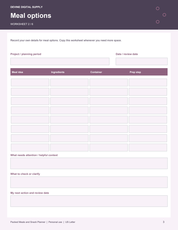Packed Meals and Snack Planner | Fillable PDF + Low-Ink Kit worksheet preview 2