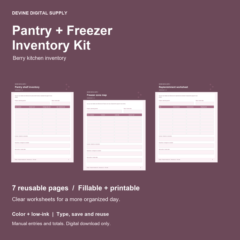 Pantry + Freezer Inventory Kit | Fillable PDF + Low-Ink Kit cover with actual page previews