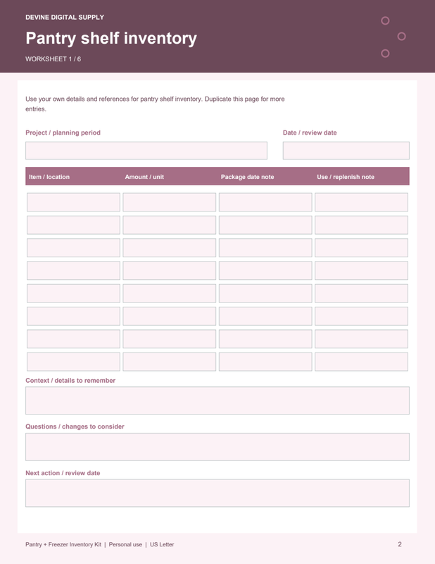 Pantry + Freezer Inventory Kit | Fillable PDF + Low-Ink Kit worksheet preview 1