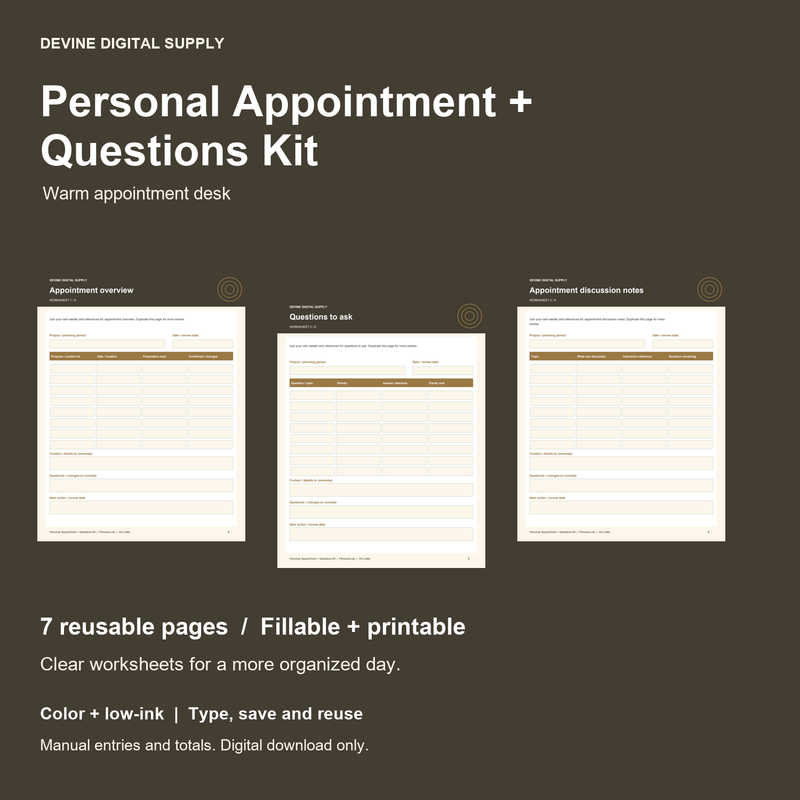 Personal Appointment + Questions Kit | Fillable PDF + Low-Ink Kit cover with actual page previews