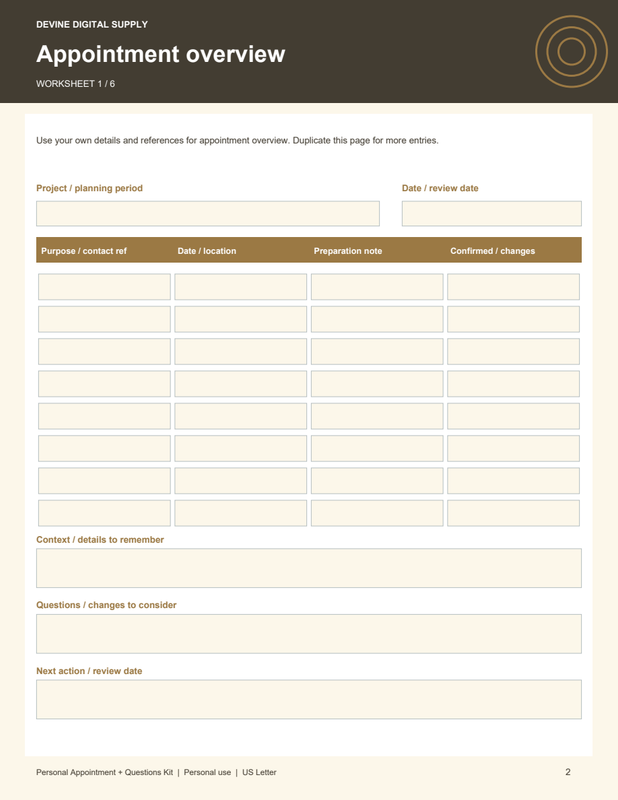 Personal Appointment + Questions Kit | Fillable PDF + Low-Ink Kit worksheet preview 1