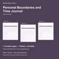 Personal Boundaries and Time Journal | Fillable PDF + Low-Ink Kit cover with actual page previews