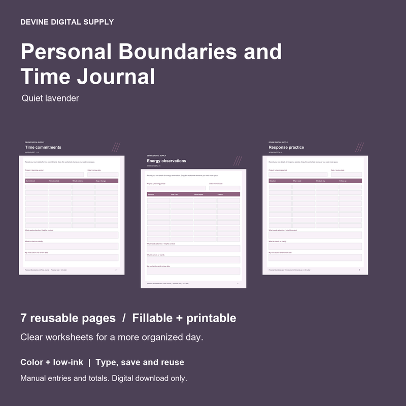 Personal Boundaries and Time Journal | Fillable PDF + Low-Ink Kit cover with actual page previews