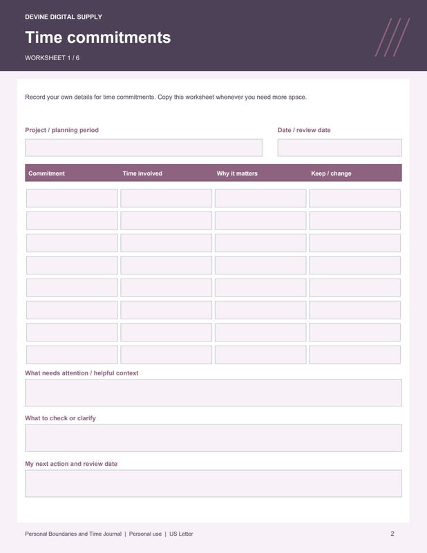 Personal Boundaries and Time Journal | Fillable PDF + Low-Ink Kit worksheet preview 1