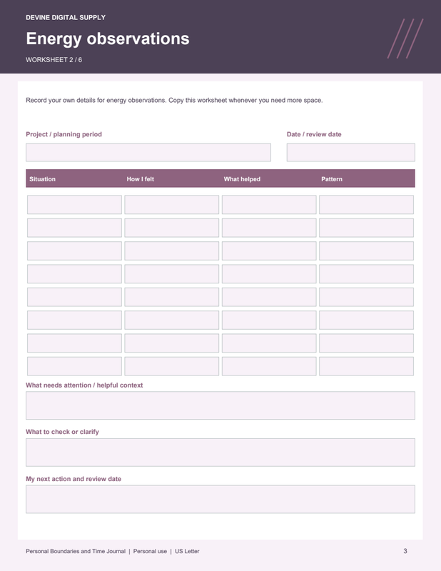 Personal Boundaries and Time Journal | Fillable PDF + Low-Ink Kit worksheet preview 2