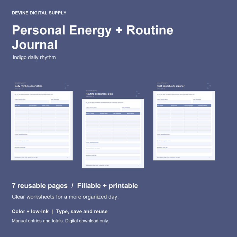 Personal Energy + Routine Journal | Fillable PDF + Low-Ink Kit cover with actual page previews