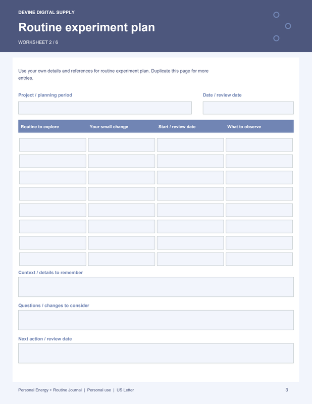 Personal Energy + Routine Journal | Fillable PDF + Low-Ink Kit worksheet preview 2