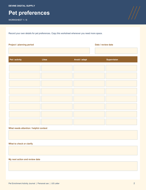 Pet Enrichment Activity Journal | Fillable PDF + Low-Ink Kit worksheet preview 1