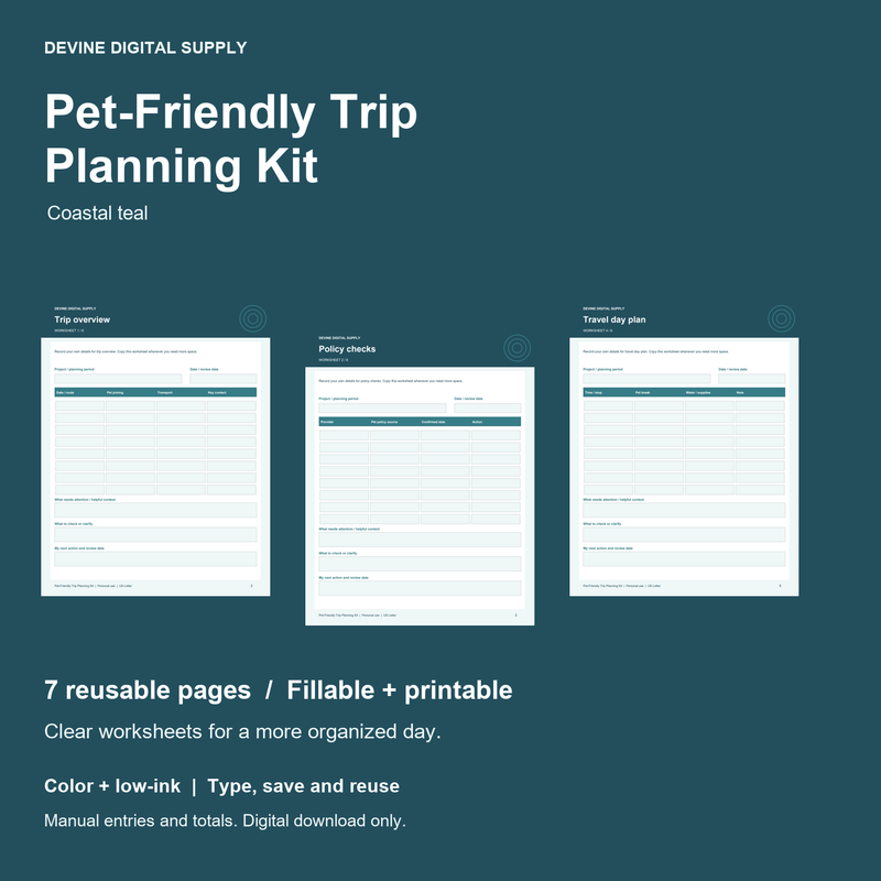 Pet-Friendly Trip Planning Kit | Fillable PDF + Low-Ink Kit cover with actual page previews