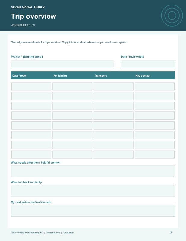 Pet-Friendly Trip Planning Kit | Fillable PDF + Low-Ink Kit worksheet preview 1