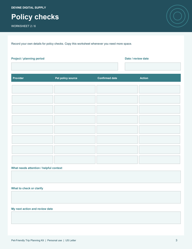 Pet-Friendly Trip Planning Kit | Fillable PDF + Low-Ink Kit worksheet preview 2