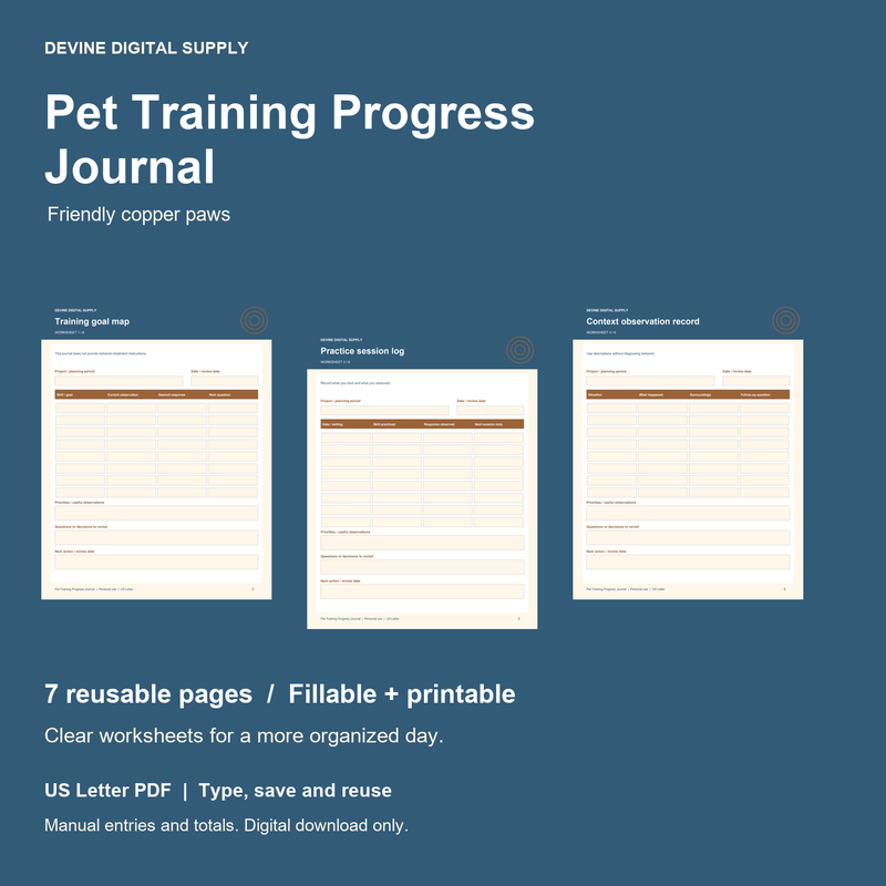 Pet Training Progress Journal | Fillable PDF Kit cover with actual page previews