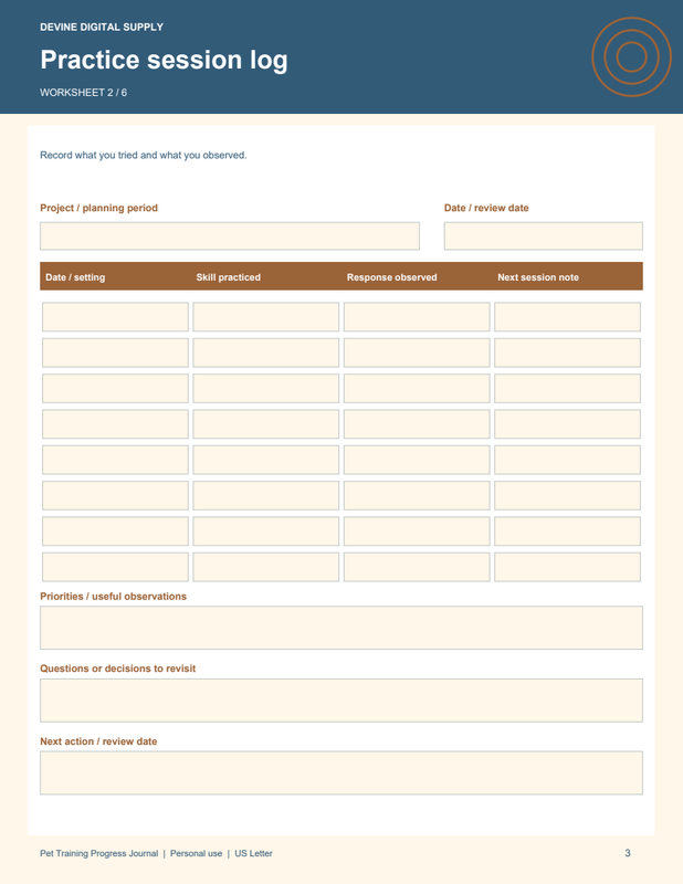 Pet Training Progress Journal | Fillable PDF Kit worksheet preview 2