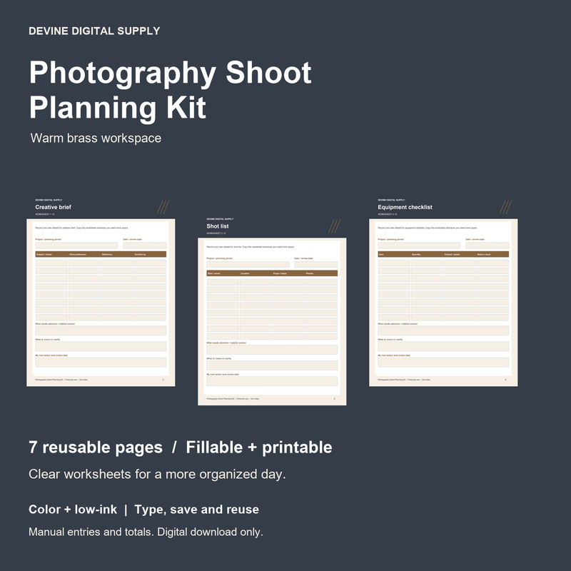Photography Shoot Planning Kit | Fillable PDF + Low-Ink Kit cover with actual page previews