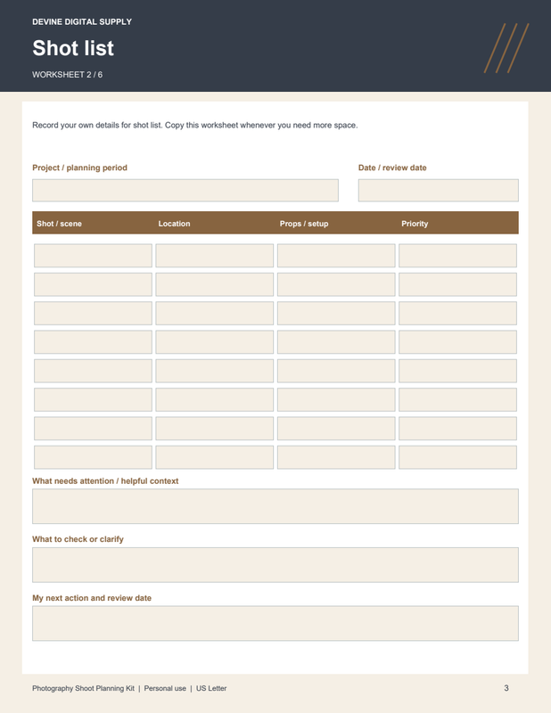 Photography Shoot Planning Kit | Fillable PDF + Low-Ink Kit worksheet preview 2