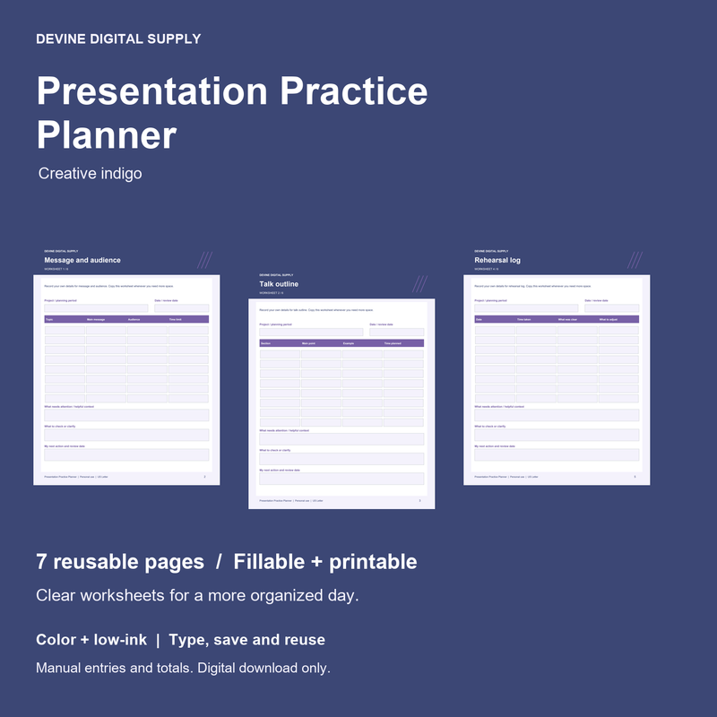 Presentation Practice Planner | Fillable PDF + Low-Ink Kit cover with actual page previews