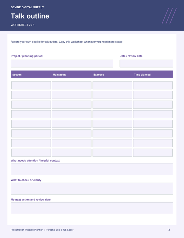 Presentation Practice Planner | Fillable PDF + Low-Ink Kit worksheet preview 2