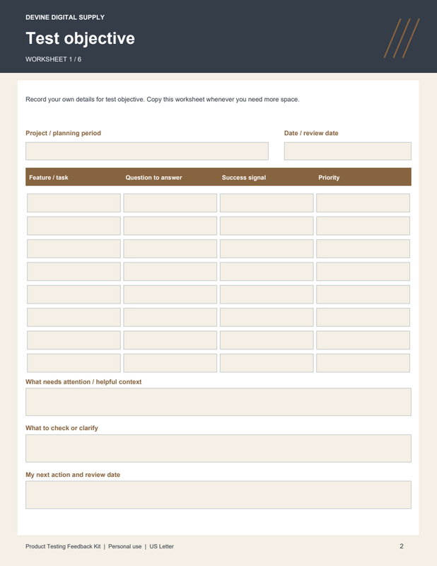 Product Testing Feedback Kit | Fillable PDF + Low-Ink Kit worksheet preview 1