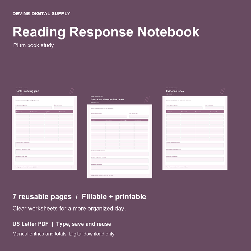 Reading Response Notebook | Fillable PDF Kit cover with actual page previews