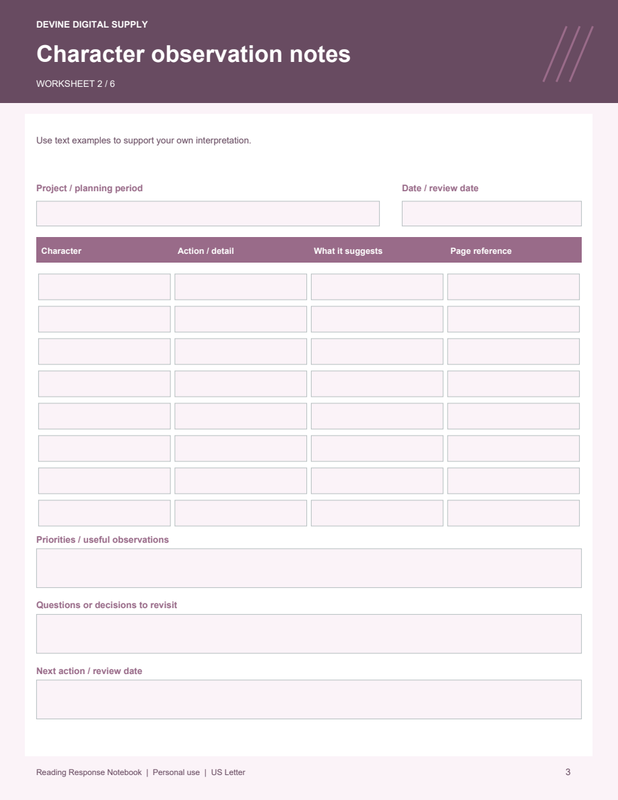 Reading Response Notebook | Fillable PDF Kit worksheet preview 2